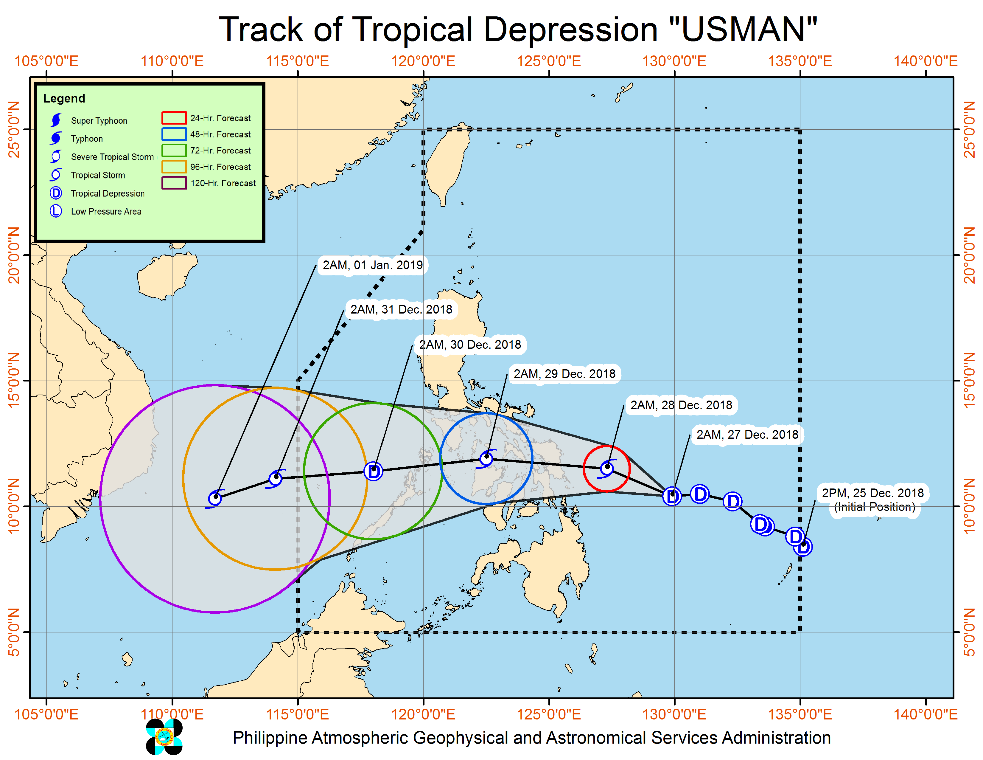 Track of #UsmanPH according to the forecast of Philippine Atmospheric, Geophysical and Astronomical Services Administration
