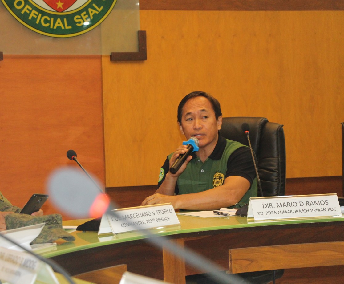 PDEA Mimaropa Regional Director Mario D. Ramos discusses the three-pronged anti-drug approaches during the Regional ICAD Coordinating Group and Regional Oversight Committees on Balay Silangan, Barangay and Jail Drug Clearing Operations Joint Meeting held at Tamaraw Hall, Capitol Complex, Calapan City, Oriental Mindoro on May 29, 2019. (Photo by Luis T. Cueto/PIA)       