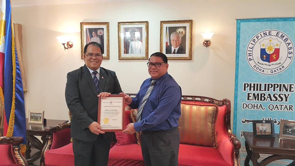 Mr. Escurel Received recognition from the Philippine Embassy Doha, Qatar - Ambassador H.E. Wilfredo Santos