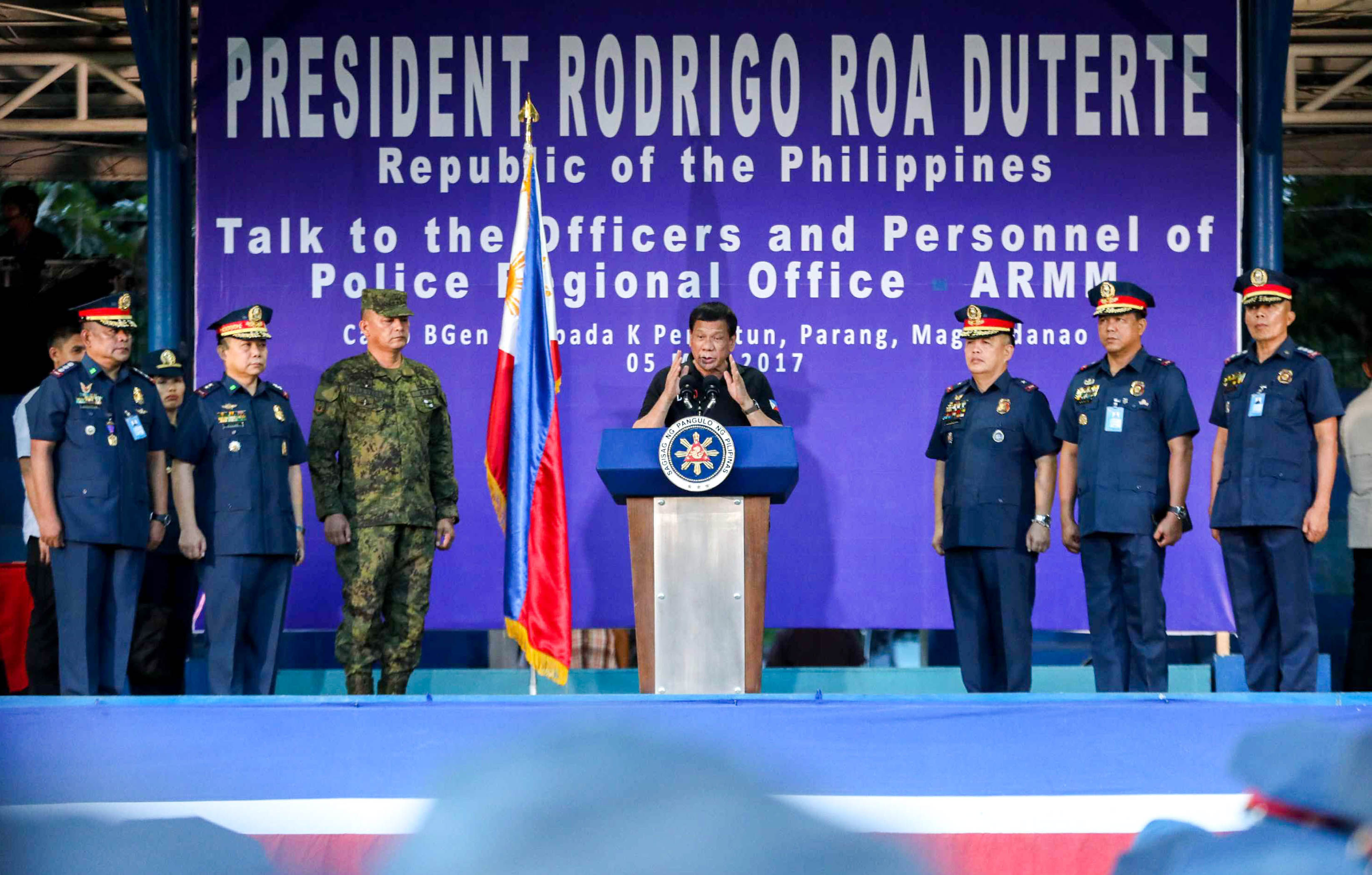 President Rodrigo Duterte promised employment and education programs for families left behind by police officers killed in line of duty, as he visited the Police Regional Office-Autonomous Region in Muslim Mindanao (PRO-ARMM) Headquarters in Camp Brig. Gen. Salipada K. Pendatun in Parang, Maguindanao on Friday (May 5, 2017). (Presidential Photo)